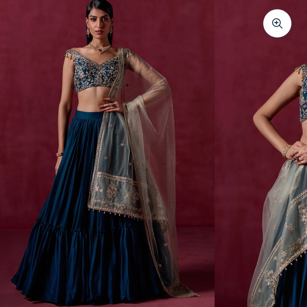 Elegant Blue and Gold Embroidered Wedding Dress